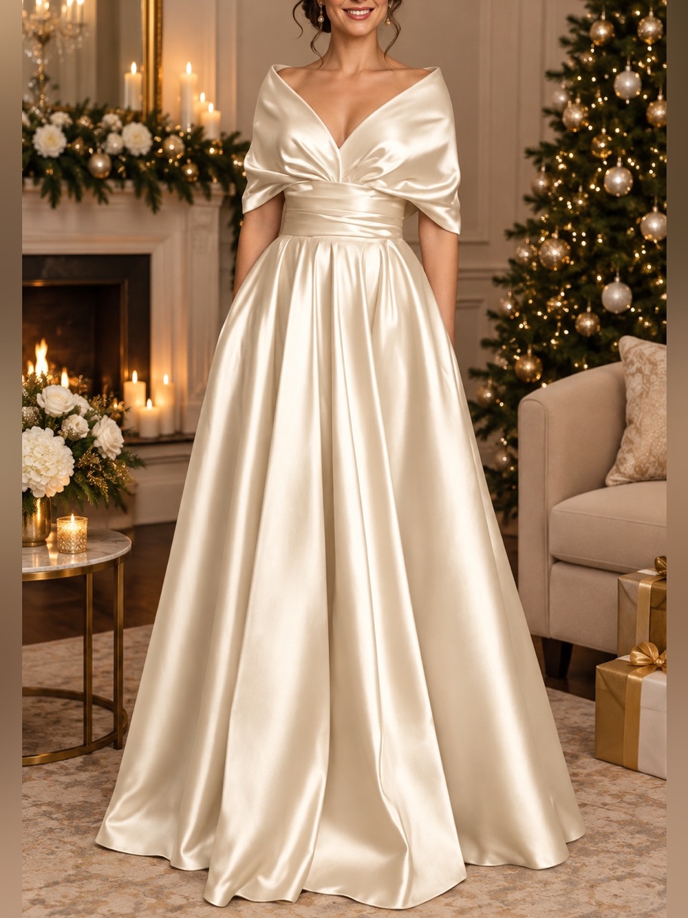 Satin Draped Off-Shoulder Maxi Gown - Cream with a back corset.